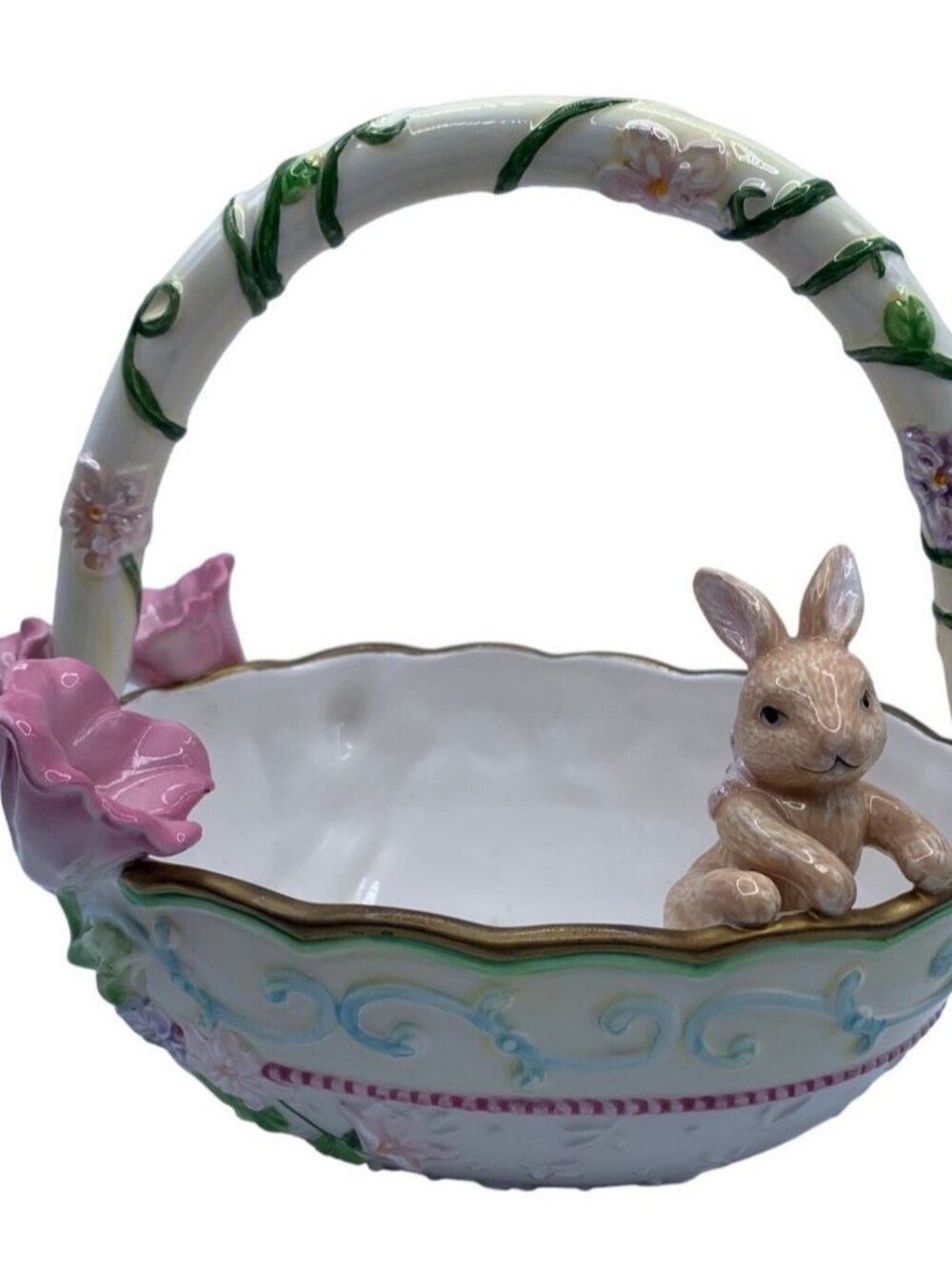 Avon Springtime Collection Ceramic Basket w/Bunny and Flowers 7.5 Inch